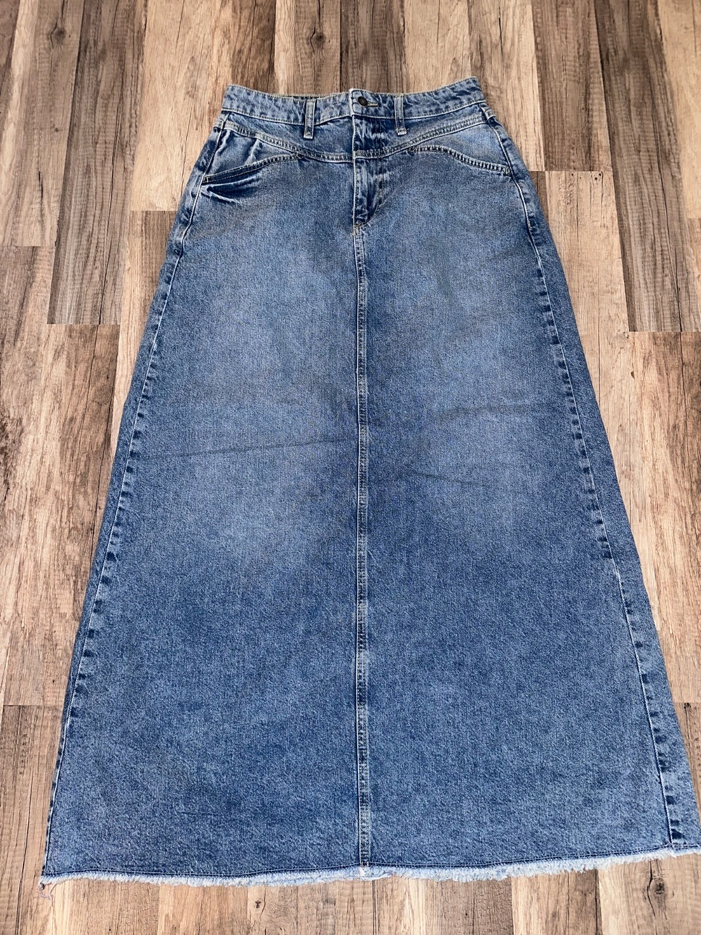 We The Free Washed Blue Denim Midi Skirt